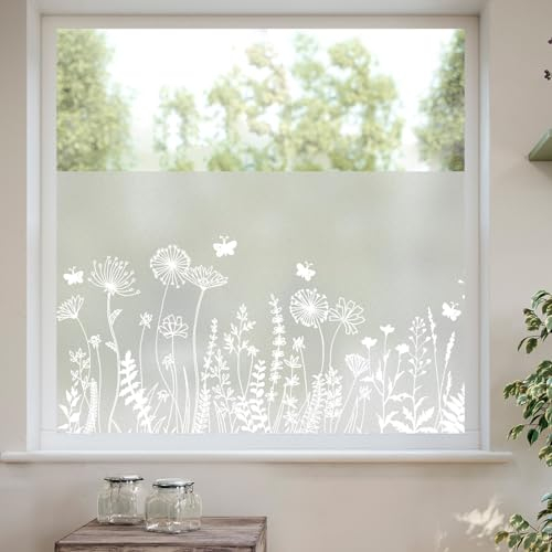 dktie Fensterfolie Blickdicht Sichtschutzfolie Fenster Milchglasfolie Botanisches Muster Statisch Haftend Anti-UV Kein Kleber Wiederverwendbar Geeignet für Wohnzimmer, Schlafzimmer 44,5 x 200 cm
