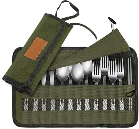 DUDOK Camping Cutlery Roll Bag - Washable Travel Utensil Case - Travel Utensil Sets Carrying Case Portable Cutlery Set Pouch for Camping Picnic