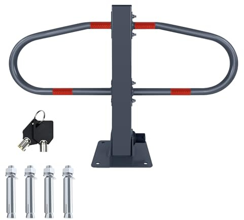 XMTECH Parkplatzsperre klappbar aus Stahl, Parkpfosten mit Schloss & 2 Schlüsseln, 4 Reflektorstreifen, wetterfeste Parkplatz Absperrung für privaten Stellplatz, 50H x 73B x 18T cm Parkbügel (1 Stück)