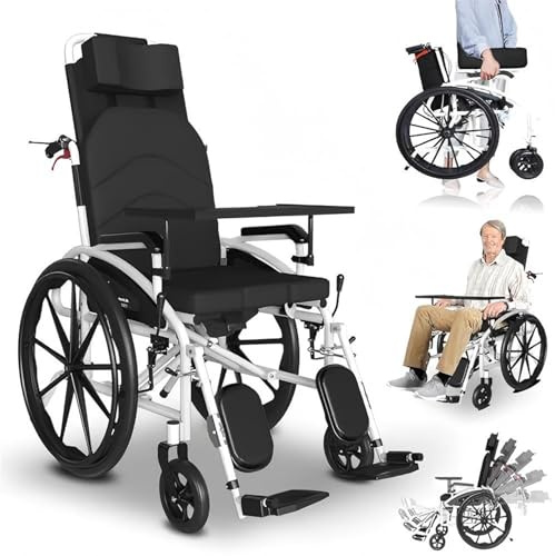 Bueuwe rollator schmal für wohnung, Pflegerollstuhl mit Liegefunktion, rollstuhl faltbar leicht, Liegender Transportrollstuhl Mit Abnehmbarer Kopfstütze Und Anhebbarer Beinstütze