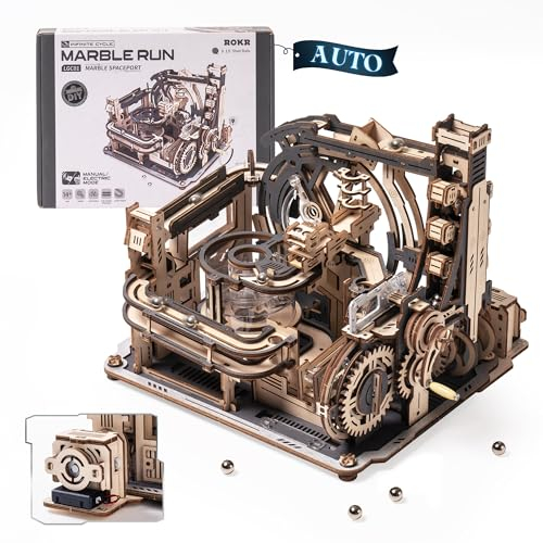 ROKR 3D Puzzles for Adults, Electric Model Kits Marble Spaceport LGC01, 472pcs Marble Run Brain Teaser Wooden Puzzles Building Toy, Desk Decor Creative Birthday Gifts for Men/Women 14+