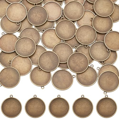 SUNNYCLUE 1 Box Mit 50 Tablett Anhängern Rund Lünette Anhänger Rohlinge Basis Mit Glattem Rand Foto Metall Antike Bronze Legierung Cabochon Einstellungen Für Die Schmuckherstellung Charms Zubehör DIY