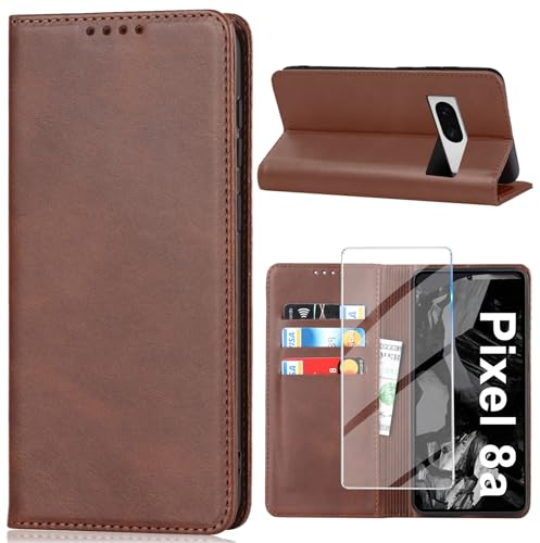 Handyhülle für Google Pixel 8A Hülle mit Displayschutzfolie, Schutzhülle Pixel 8A PU Lederhüllen Wallet Kartenfach Standfunktion Stoßfest Klapphülle für Google 8A Flip Case Cover Tasche (Braun)