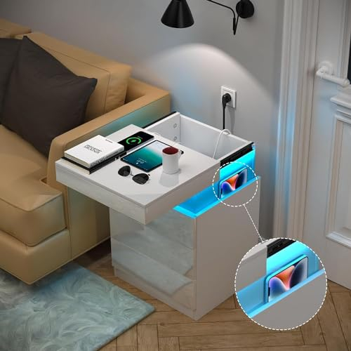 PIPIPOXER Comodino con presa elettrica, comodino moderno con LED, comodino con 3 cassetti, per camera da letto, bianco, 45 x 40 x 67 cm