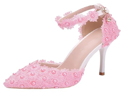 Jamron Donna Elegante Tacco a Spillo Décolleté a Punta con Cinturino alla Caviglia Pizzo Perle Scarpe da Sposa Rosa SN0703212-1 EU38.5