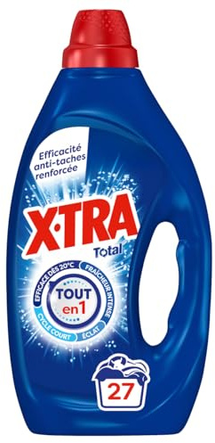 Xtra X, Tra Total - Lessive Liquide - 4 plus 1 - Propreté - Eclat - Fraîcheur - Engagé pour vous - Economique - Une seule lessive pour tout votre linge - Efficace des 20°C - 27 Lavages