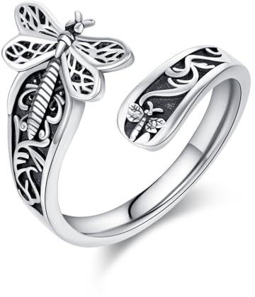 praymos 925 Sterling Silver Dragonfly Spoon Rings Adjustable Ring Boho Victorian Vintage Flower Thumb Statement Rings Jewelry Gifts for Women