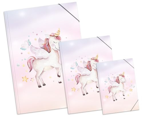 itenga Set Zeichenmappe DIN A2 und DIN A3 und Sammelmappe DIN A4 mit Motiv - Zeichenmappe Gummizugmappe Sammelmappe - für Kinder Jugendliche Schüler Mädchen Jungen (Motiv Einhorn)