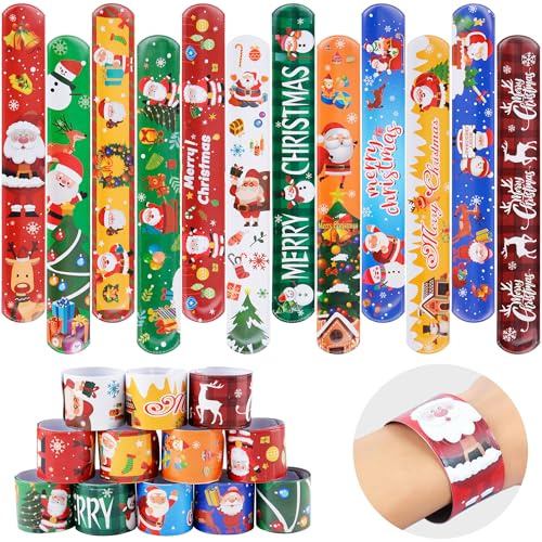 KEYIDO 48 Pieces Christmas Snap Bands - Slap Bracelets for Kids Xmas Gifts, Party Fair Prizes, Classroom Teacher Gifts