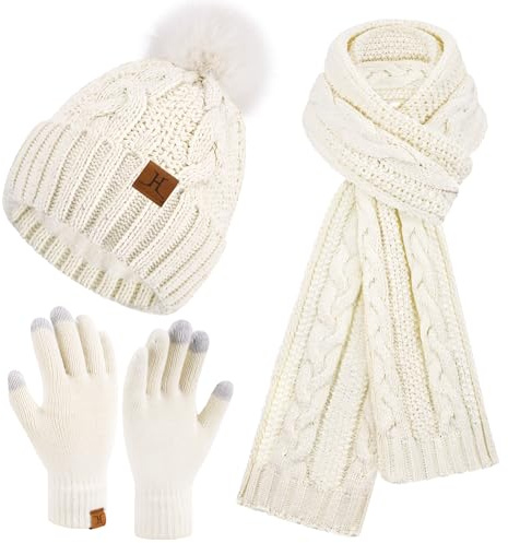 ZASFOU Femme Hiver Bonnet Chapeau Foulard Écran Tactile Gants Ensemble Chenille Pompon Tricot Polaire Doublé Casquette Écharpe Gant Cadeaux pour Femmes