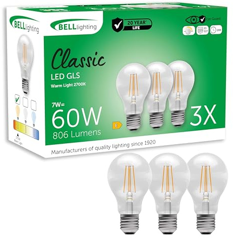 BELL Lighting E27 Edison Screw Cap Filament Dimmable Light Bulb LED GLS 3 Pack | Warm White 2700K | 810 Lumen 7W | Energy Saving GLS Light Bulb | 60W Lamp Equivalent