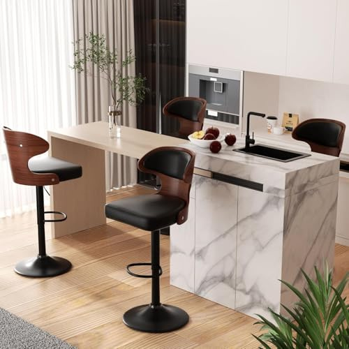 Hawthyhome Barhocker 4er Set mit Nussbaumholz Barstuhl Schwarz | 360° Drehstuhl, Rückenlehne, Fußstütze, Nussbaumholz, Kücheninsel, Bistrohocker, Hausbar, Esszimmer