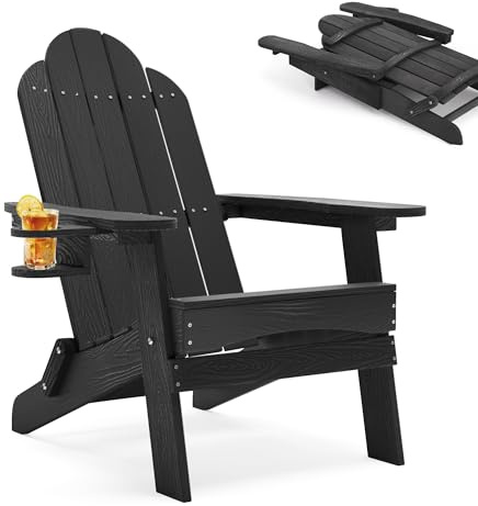 LUE BONA Adirondack Stuhl Klappbar aus Wetterfestem HDPS - 17.1 kg Schwerer Gartenstuhl mit Holzmaserung für Garten, Schwarz