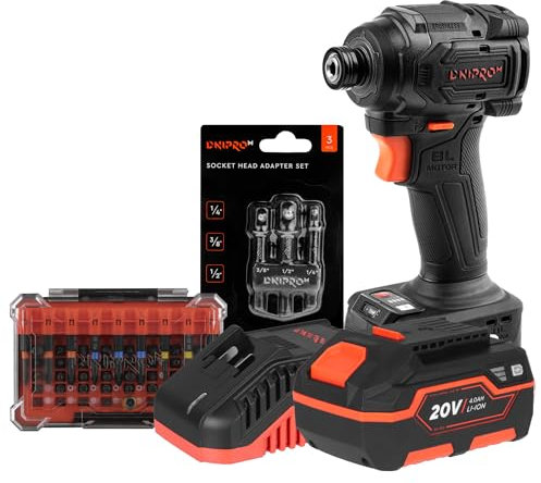 Atornillador de impacto a batería Dnipro-M DTD-201BC ULTRA 20V, motor sin escobillas, compacto y potente, 2 velocidades + batería de 4Ah, cargador, 50 puntas y 3 adaptadores de vaso