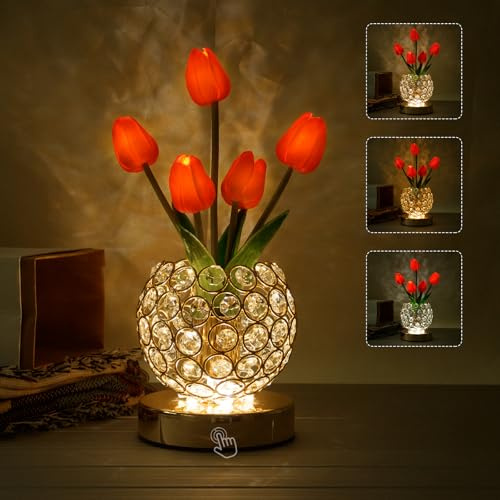 Tulpen-Kristall-Blumenlampe, Touch-Lampe, wiederaufladbar, kabellos, 3 Farben, stufenlos dimmbar, batteriebetrieben, kleines Nachtlicht, Geschenk für Mutter zum Valentinstag, Muttertag, Weihnachten