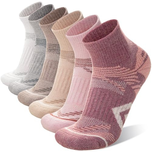 ANTSANG 6 Pairs Merino Wool Quarter Socks Running Walking Hiking Compression Support Breathable Thermal Warm Thick Cushion Ankle Unisex Socks for Women Men(7-11, Pink Series)