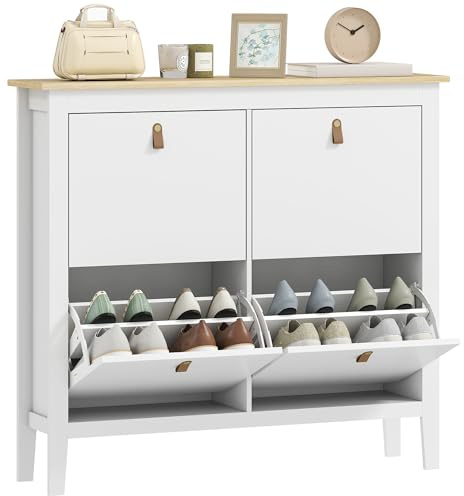 HOMCOM Skoskåp, 20 par, skoskåp, entrémöbler med 4 lådor, fällbara dörrar, avtagbara och justerbara hyllor, för hall och entré, 105 x 24 x 95,5 cm, vit