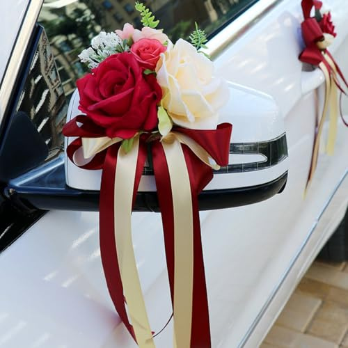 AQCQDQ 2 Stück Hochzeit Autoschmuck, Hochzeit Autoschleifen, Vintage Hochzeits Künstliche Blume mit Saugnäpfen für Auto Rückspiegel Lenker (Rückspiegel 2 Stück,Champagner)