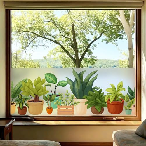 dktie Statisch haftende Fensterfolie, Mattiert Sichtschutzfolie mit Buntem Topfpflanzen-Muster, Anti-UV Blendfreier Sonnenschutz Folie, Fensteraufkleber für Wohnzimmer Küche Büro 44,5x200cm