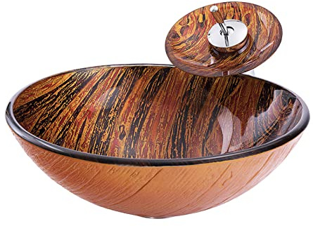 GLETSF Bathroom Vessel Sink Flames Tempered Glass Vessel Sink Bowl Round Counter Top Installation Bathroom Vessel Vanity Sink Art Basin With Brass Chrome Waterfall Faucet, Pop U