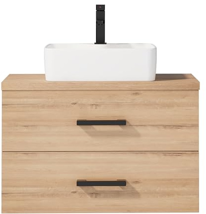 UEV Waschtisch mit Unterschrank, Waschbeckenunterschrank 80,5 cm hängend, Schubladen mit Soft-Close-System, Badezimmmer Möbel für Gäste WC Waschbecken aus Keramik,Natur