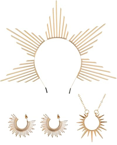 Griechische Göttin Kostüm Faschingskostüme Karneval Goldener Sonnenstrahl Spitzen Halo Kronenset für Frauen Cosplay 3er Set Ohrringe Halskette Renfaire Sonnengöttin Kopfschmuck Halloween Party