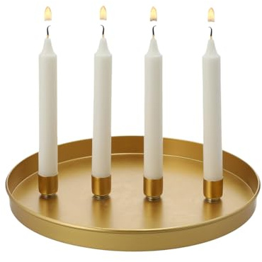 MACOSA CP676 Kerzenteller Gold rund Metall 25 cm modern Elegantes Adventsgesteck 4 Kerzenhalter Tischdekoration Advent Weihnachtsdeko Metallkranz Adventskranz (Gold)