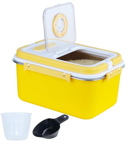 MC MEICHUANG 10L Metal Flour Bin with Measuring Cup & Spoon (Yellow) | Stainless Steel Airtight Rice storage container for Kitchen and Pantry to Store Cereal