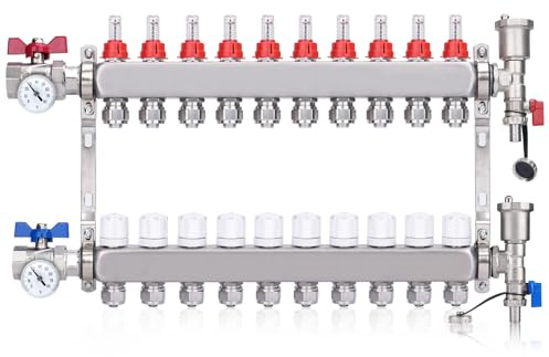 10 circuiti di riscaldamento, distributore di circuito con Eurocono 3/4 (20 x 2 mm), valvole a sfera da 1, con termometro, riscaldamento a pavimento con sfiato manuale, misuratore di flusso, 30 x 1,5