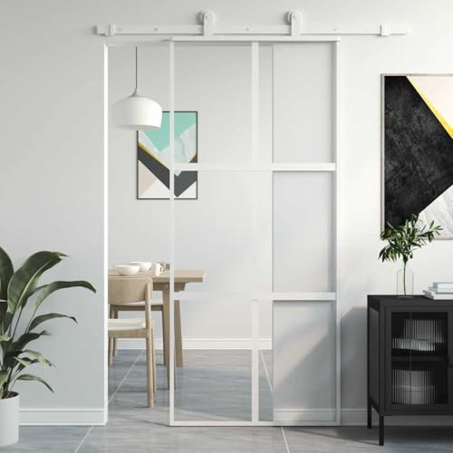 Porte coulissante blanche 90 x 205 cm en verre trempé et aluminium pour une séparation élégante des pièces, porte de sécurité robuste avec amortisseur silencieux et verre transparent pour les espaces