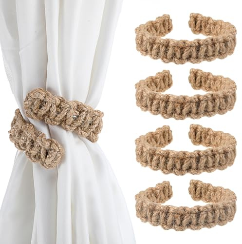 ADLABLD 4 Stück Vorhang Raffhalter,Retro Handgefertigte Gardinen Raffhalter, Boho-Stil Gardinenhalter Vorhanghalter für Wohnzimmer, Schlafzimmer (Braun)