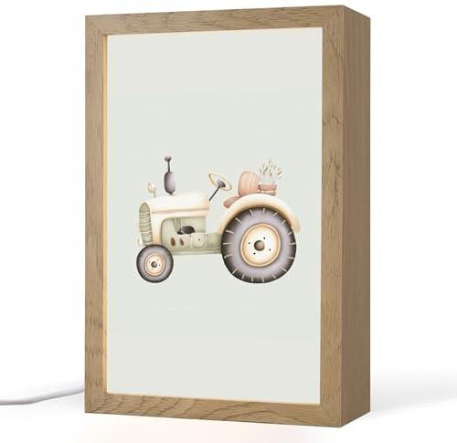 OnlyWow© Nachtlicht Kinder Baby Lampe Kinderzimmer Kindernachtlicht - Blau | 20x30 cm - Stilllicht Kinderlampe Vintage - Traktor - Pastell