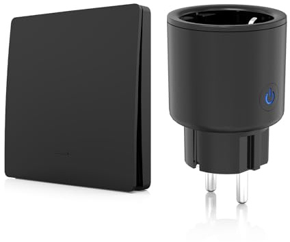 FXSFDFO Funksteckdose mit Fernbedienung Set (Batterielos), Kinetischer Selbstversorgender Funkschalter & Steckdose, 3680W 16A Hohe Leistung, 30m RF Reichweite, Plug & Play (Schwarz-1Switch-1Socket)