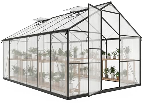 Outsunny Serre de Jardin en Aluminium Polycarbonate 8,97m² 363x247cm Noir | Porte Battante, Fenêtres Ajustables, Gouttières, Abri Extérieur Fleur Plante, Résistant aux Intempéries