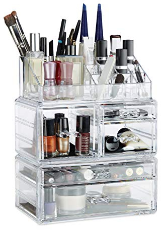 Relaxdays Make Up Organizer mit 21 Fächern, Kosmetik Tower für Lippenstift, Nagellack, Acryl Make Up Box, transparent