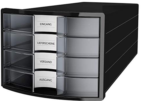 HAN Schubladenbox IMPULS 2.0 mit 4 geschlossenen Schubladen für DIN A4/C4 inkl. Beschriftungsschilder, Auszugsperre, möbelschonende Gummifüße, premium Qualität, 1012-363, schwarz/transluzent-klar