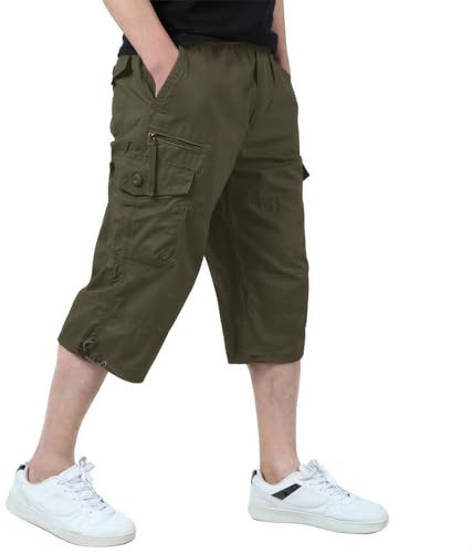 KEFITEVD Cargo Shorts Men 3/4 Length Shorts Long Short Pant Cropped Trouser | Multi pockets, elastic waist, casual work shorts, cotton capri trousers, summer below knee, 15 inch, comfortable, lightweight