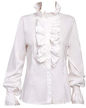 Taiduosheng Women Vintage Victorian Shirts Trumpet Sleeve Tops High Neck Frilly Ruffle Button Down Shirt Blouse XL White