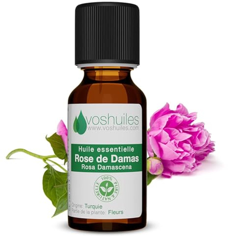 VOSHUILES - Huile Essentielle de Rose de Damas - 2ml - Distillation de Pétales Frais - Flacon Ambré avec Bouchon Sécurité - Compte-Gouttes de Haute Précision