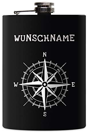 Flachmann Edelstahl Schwarz Matt 237 ml 8 oz individuelle Gravur in Silber - Kompass