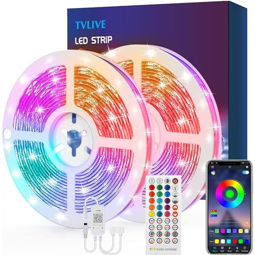 TVLIVE LED Strip 15m, RGB LED Streifen, Farbwechsel LED Lichterkette mit Fernbedienung, App-steuerung, 16 Mio. Farben, Sync mit Musik, LED Band für Schlafzimmer Küche Zuhause Schrankdek (7.5M*2)