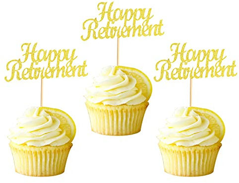 Arthsdite 48pcs Gold Glitter Happy Retirement Cupcake Toppers for Celebrating Retirement Party Decoration Supplies