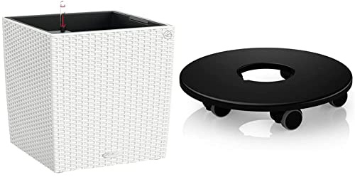 Lechuza Cube Cottage 40 Pflanzgefäß mit ERD-Bewässerungs-System, Weiß, 40 x 40 x 40 cm & Rolluntersetzer für Classico 50