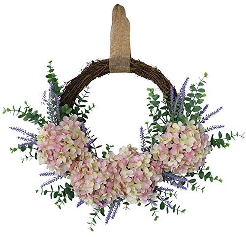 DEDEMCO Ghirlanda di fiori di ortensia primaverile per porta d'ingresso, ghirlanda di fiori di ortensia in seta, 45 cm, ghirlanda di foglie di eucalipto, rosa ortensia, per decorazioni domestiche