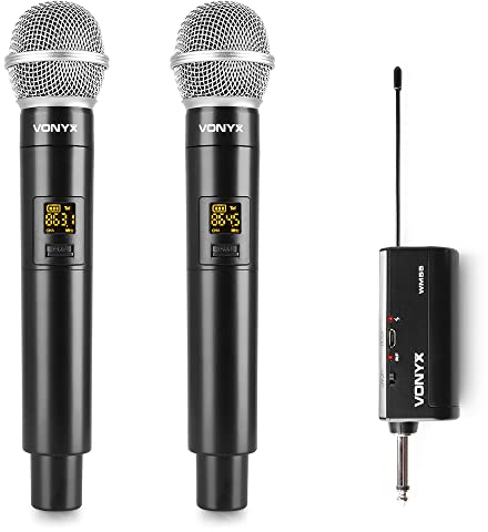 Vonyx WM552 - Funk Mikrofon drahtlos, Doppel Set, Wireless UHF Microphone, kabelloses Mikrofonsystem, Akku Empfänger mit 6,3mm Klinke, Karaoke Funkmikrofon - Schwarz