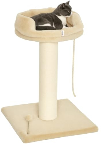 PawHut Arbre à Chat Grattoir Design Jeu Boule 55 x 55 x 83 cm Sisal Beige | Cordelette Suspendue, Plateforme Peluche