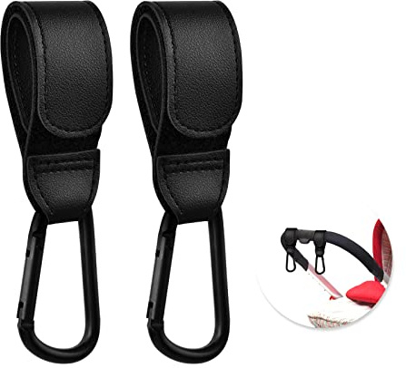 Zsanhua 2 Pcs Baby Bag Clips, Leather Buggy Clips Hooks Pram Clips, Pushchair Clips Baby Stroller Hooks with Sturdy Carabiner and Strong Magic Adhesive for Hanging Shopping Bag Handbag Changing Bag