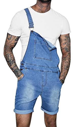 Oanviso Hombre Pantalones Cortos Vaquero Mono Moda Casual Pantalones de Mezclilla Mono de Lavado Pantalones Cortos Rasgados Monos Vaqueros de Mono Multibolsillo Pantalón de Tirantes A Azul Claro M