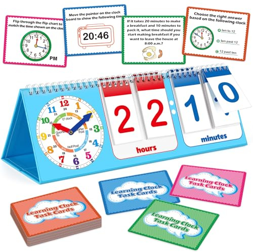 Torlam Learning Clock Flip Chart Colorful Analog & Digital Telling Time Teaching Clock for Kids, Math Manipulatives 1st 2nd Grade Homeschool Supplies Kindergarten Preschool Learning Activities Games