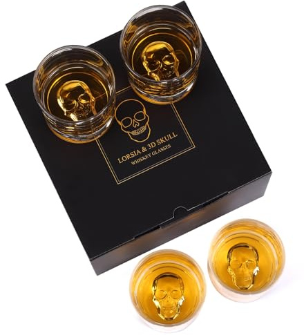 Lot de 4 verres à whisky en cristal soufflé à la main en forme de tête de mort dans un coffret cadeau – Verres à l'ancienne pour scotch, cocktail, rhum – Cadeaux parfaits pour Halloween, Noël,